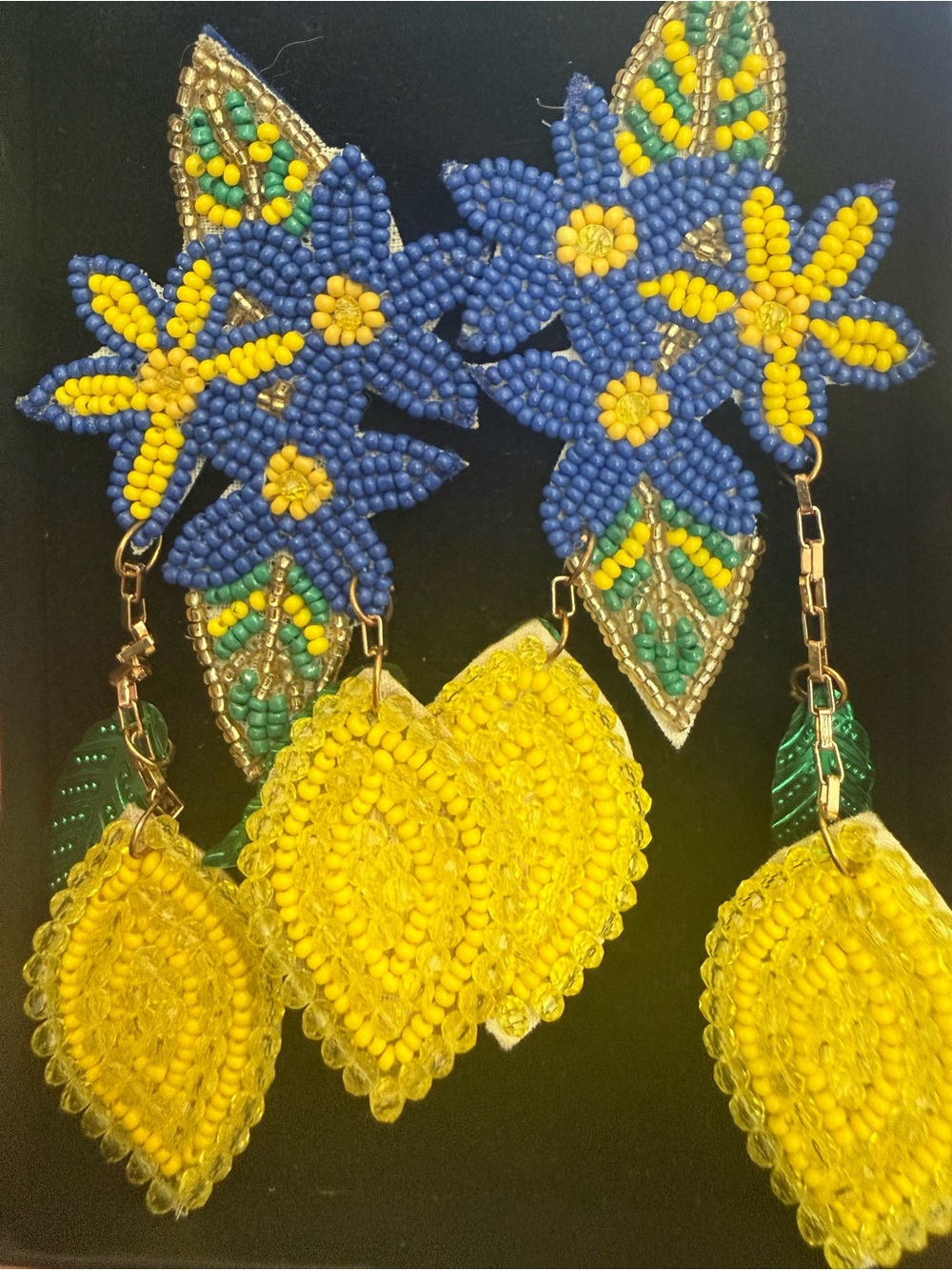Handcrafted Blue & Yellow Floral Beaded Drop Earrings